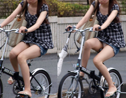 ミニスカで自転車に乗ってパ●チラしまくる素人娘たちを街撮り